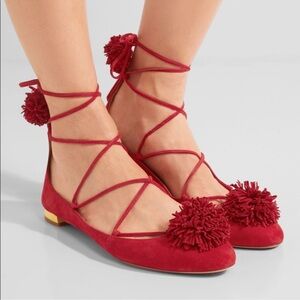 Aquazzura Red Sunshine Pom Pom Suede Lace-up Flats